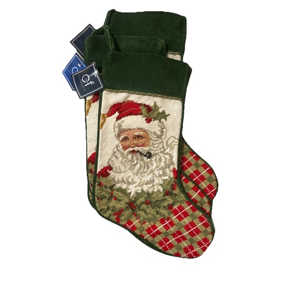 4 New With Tags, Wool and Velvet Needlepoint Christmas Stockings Old World Santa - Picture 7 of 16
